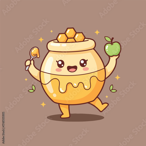 A cartoon honey jar character holds an apple and a spoonful of honey, celebrating Rosh Hashanah with a cute and whimsical design.