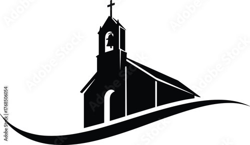 Church icon set, silhouette religious building with steeple and cross, black and white illustration, faith, worship, architecture, community, vector grid