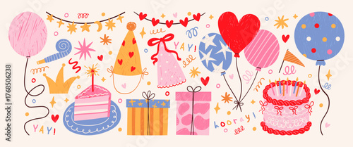 Kids birthday party decorative elements, balloons, cakes and gifts with hatching pencil texture scattered on background. Childlike crayons vector drawings for celebration event designs