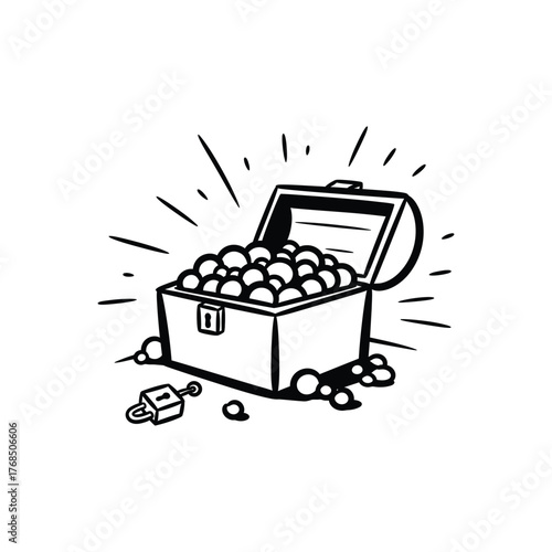 Open treasure chest overflowing with round balls.