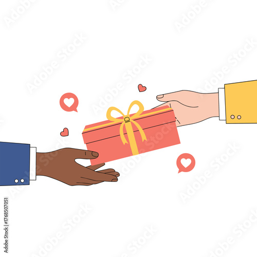 Two hands exchanging a gift box with hearts in the background, symbolizing giving and receiving.