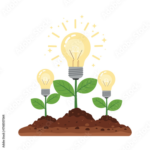 Three glowing lightbulbs sprout from fertile soil like plants, symbolizing growth and innovation.
