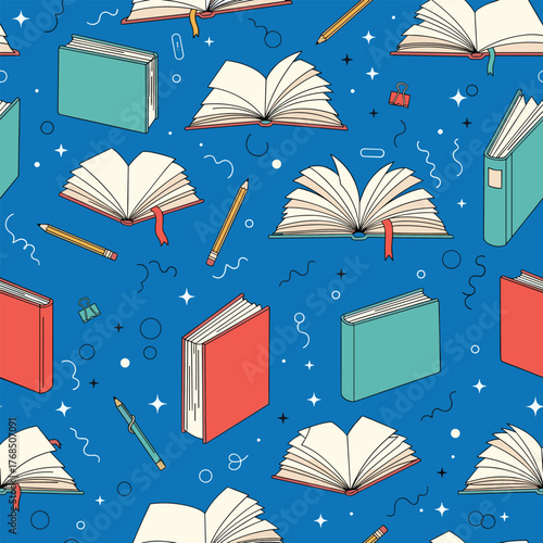 A playful seamless pattern of open and closed books and pencils on a blue background.