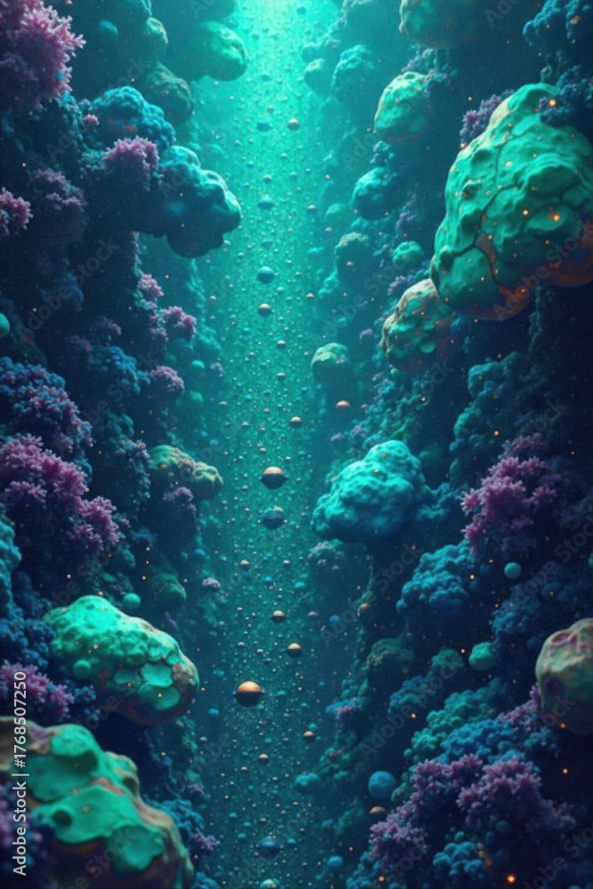 Fototapeta premium Innovation Ecosystem Abstract, interconnected geometric and organic shapes in vibrant blues, greens, and purples, flowing and evolving, representing a dynamic innovation ecosystem. No people, text, or