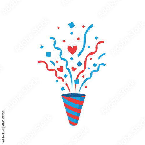 Confetti popper exploding with red and blue streamers, hearts, and squares in celebration.