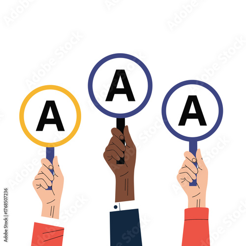 Three diverse hands hold up signs with the letter A, representing achievement or scoring.