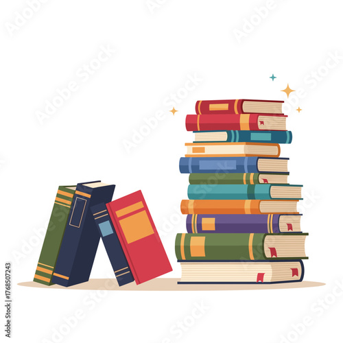 An illustration of a stack of colorful books and several books leaning against each other.