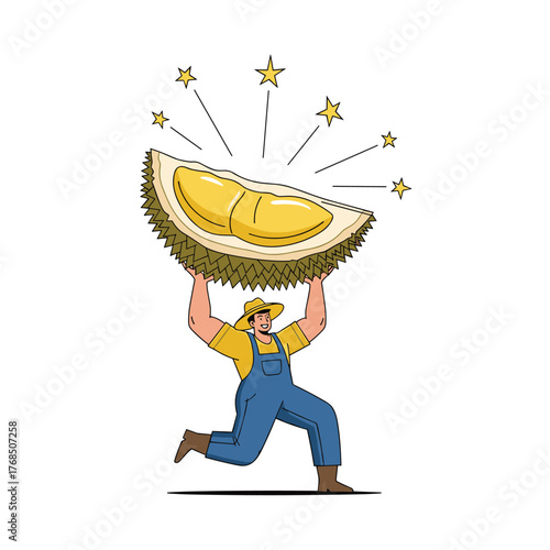 A farmer happily runs with a giant durian fruit over his head, with stars radiating from it.