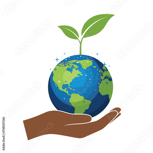 Hand holding a sprout growing from the earth, symbolizing environmental care and growth.