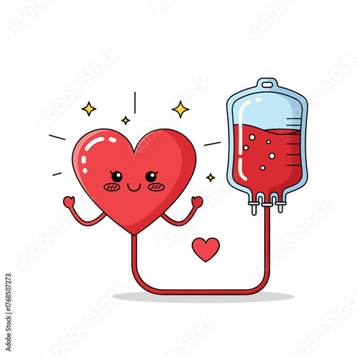 Cute anthropomorphic heart character donating blood into a blood bag illustration.
