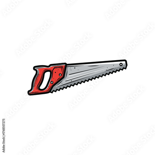 Red Hand Saw With Steel Serrated Blade Illustration.