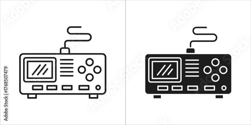 Detailed line art icon of a modern refrigerator with an open freezer and fridge compartment, showing food
