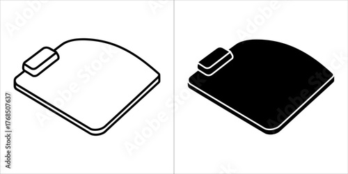 Two isometric scale icons, one in outline and one in solid black