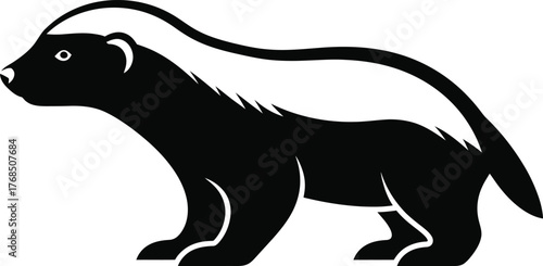 Black and white silhouette of a honey badger standing alert and prepared for action flat design vector illustration isolated on transparent background