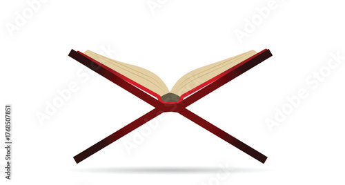 Open holy religious book resting on wooden stand for spiritual worship