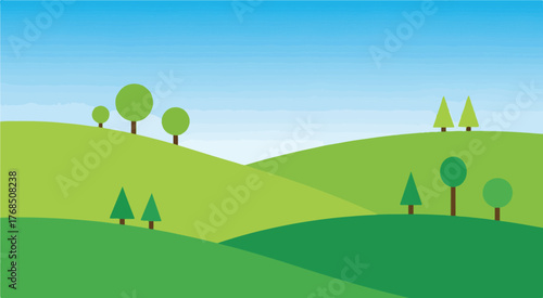 Vector landscape illustration of green hills and trees under a blue sky for graphic design projects