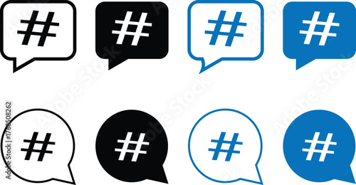 Hashtag with speech bubble. social media icons for communication. digital conversation symbol. marketing including speech bubble
