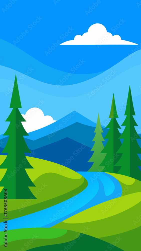Fototapeta premium Stylized flat illustration of a vibrant green landscape with a winding blue river and pine trees under a bright blue sky with fluffy white clouds and distant blue mountains