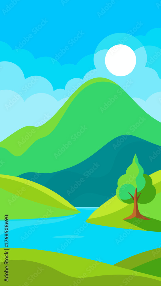 Fototapeta premium Stylized landscape with rolling green hills a bright sun blue sky and a winding river