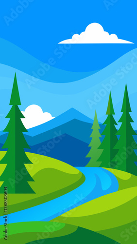 Stylized flat illustration of a vibrant green landscape with a winding blue river and pine trees under a bright blue sky with fluffy white clouds and distant blue mountains