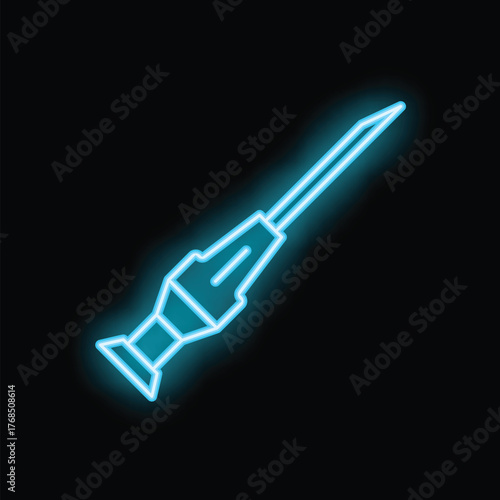 Blue neon sign is depicting an awl on a black background
