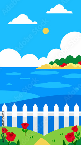 Vibrant cartoon landscape with ocean island clouds sun and a garden with roses behind a white picket fence