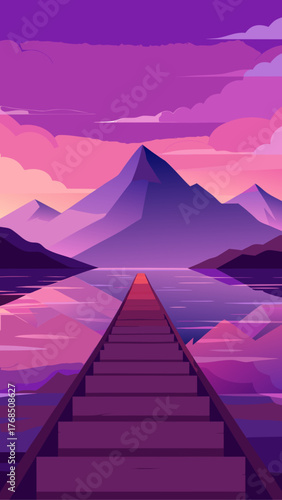 Vibrant purple sunset over a calm lake with a wooden pier leading to distant mountains