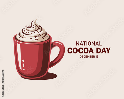 National Cocoa Day vector. Red mug of hot chocolate icon vector. Cup of cocoa with whipped cream and candy cane vector. Cocoa Day Poster, December 13.