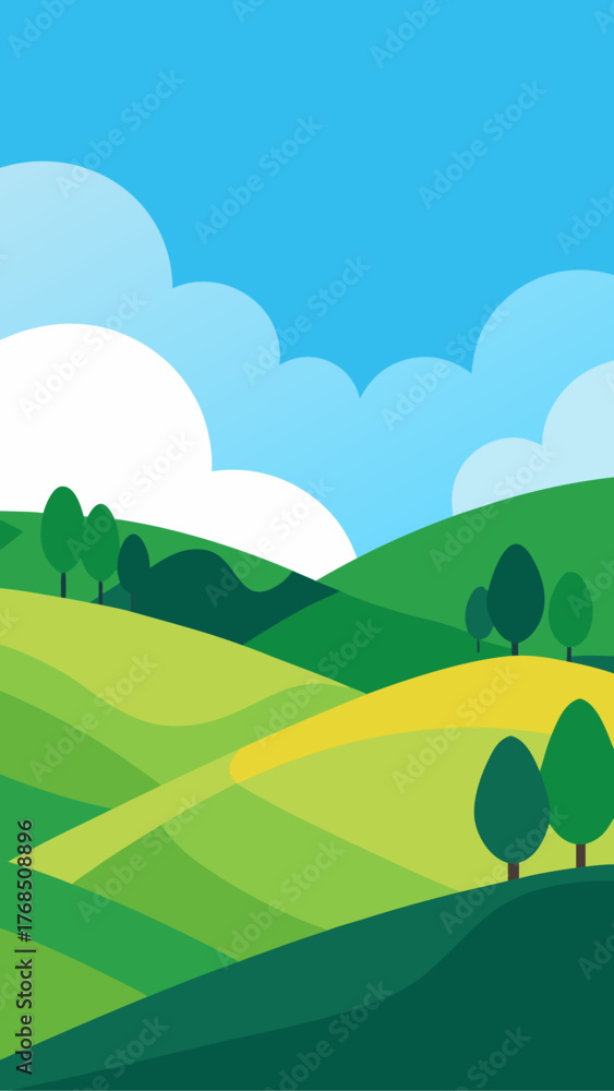 Fototapeta premium Stylized rolling green hills under a bright blue sky with fluffy clouds and scattered trees