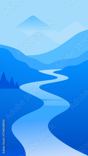 Stylized blue landscape with winding river and layered mountains