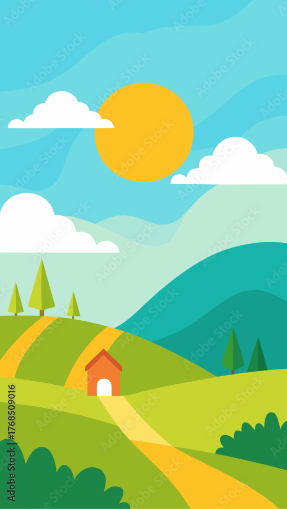 Fototapeta premium Vibrant cartoon landscape with rolling green hills a bright sun and fluffy clouds