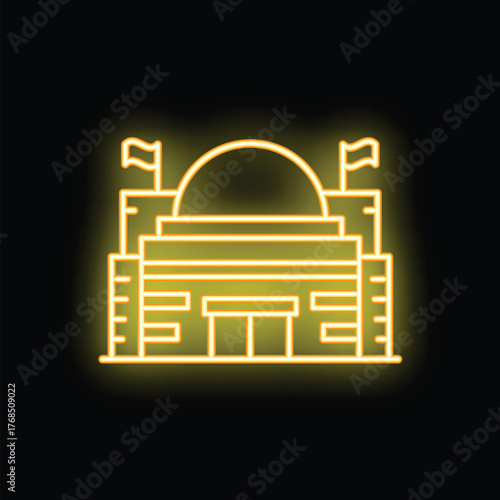 Yellow neon sign illustrating a government building with flags on black background