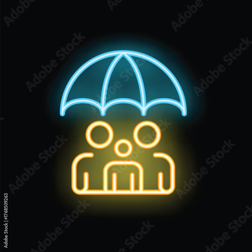 Glowing neon line icon representing the concept of family insurance coverage with an umbrella protecting family members