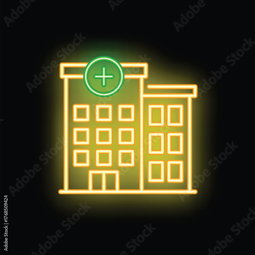 Neon sign of a generic multistory hospital building glowing on a black background