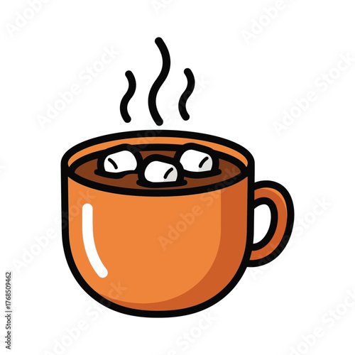 Hand drawn illustration of hot chocolate with marshmallows isolated on white background