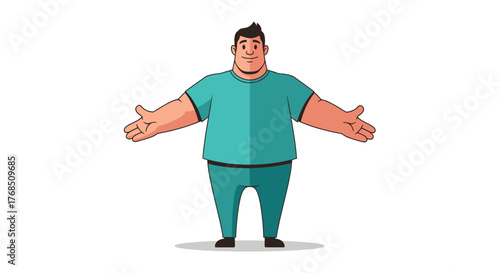 Friendly cartoon man in teal scrubs, extending his arms for a hug or embrace position