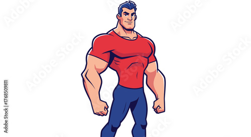 Illustrative muscular man with red shirt and blue pants on a white background stands poised