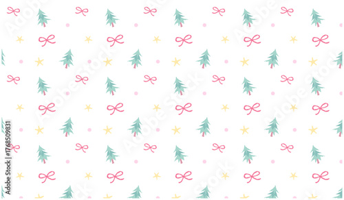リボンと木と星のシームレスパターン　壁紙