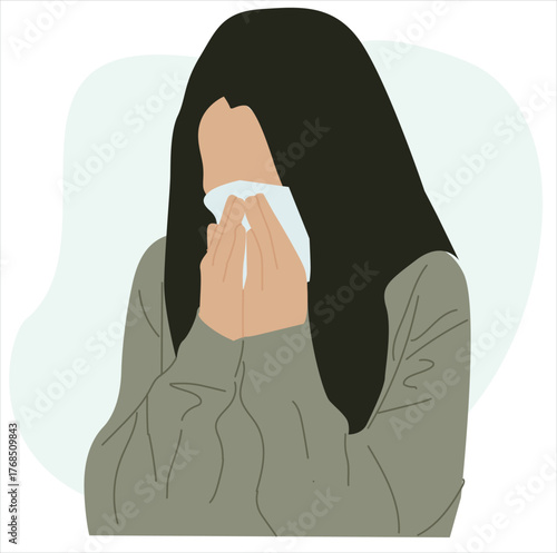 woman with flu.A woman sneezing in handkerchief. Sick young woman suffers from a runny nose