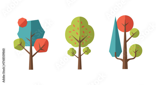 Stylized geometric trees in diverse shapes and vibrant autumnal colors isolated on a white