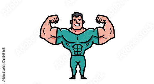 Cartoonish bodybuilder flexing muscular arms, showcasing strength and fitness ideal for graphic