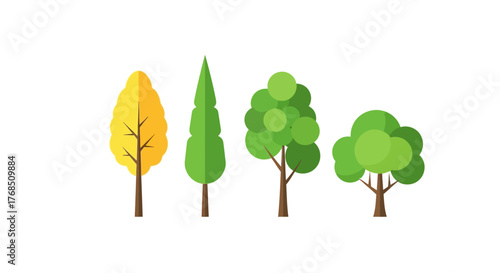 Stylized trees illustration showcasing autumn hues and verdant shades in a flat design