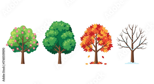 Illustration displaying the cycle of four seasons with trees showing seasonal changes throughout