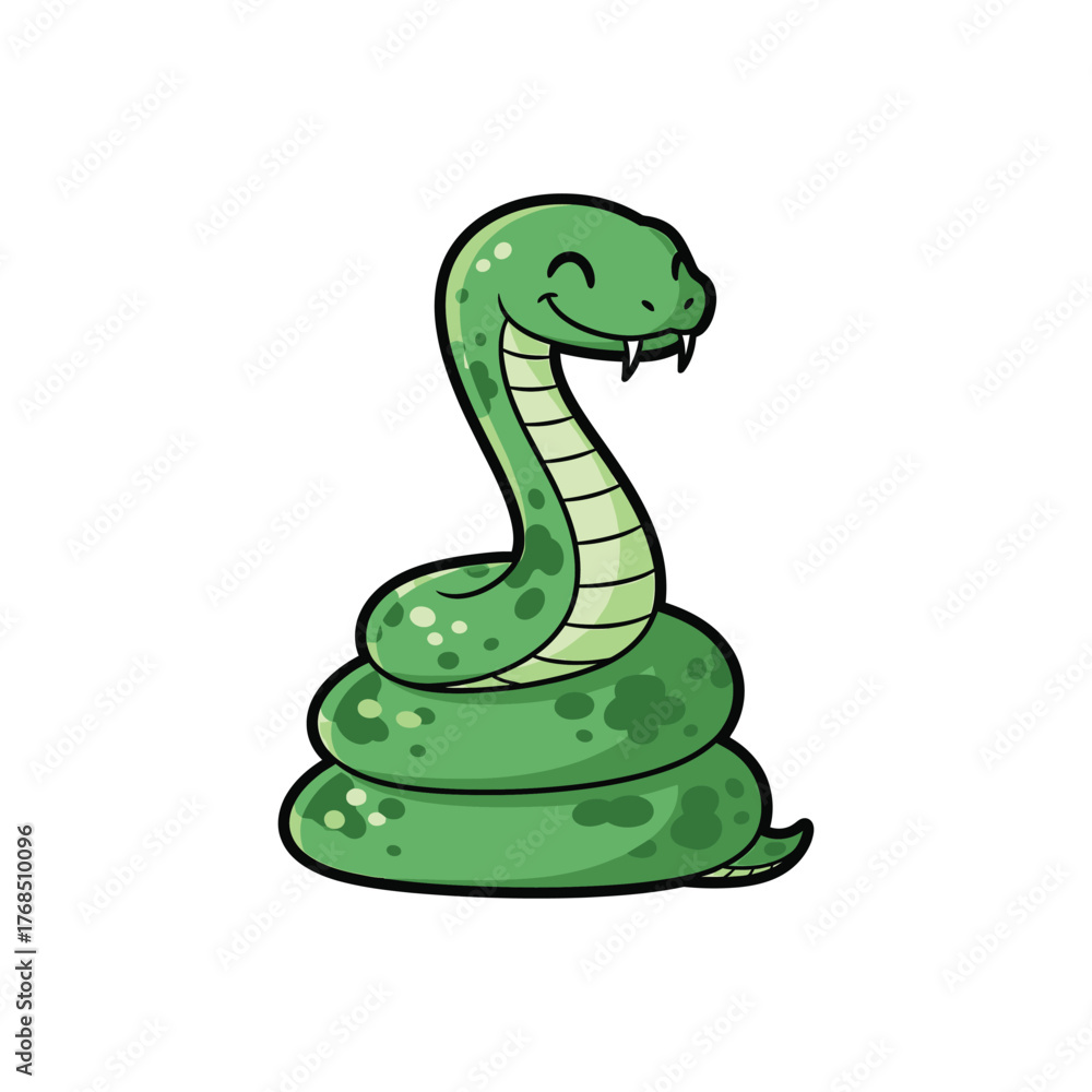 Naklejka premium Cute Smiling Green Coiled Cartoon Snake Illustration.