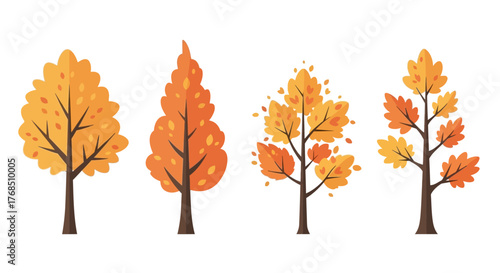 Autumnal trees flat vector illustrations, diverse stylized leafed trees cartoon design, fall tree