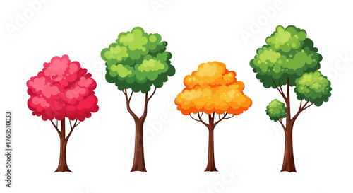 Colorful cartoon trees illustration showcasing spring, summer, and autumn season elements