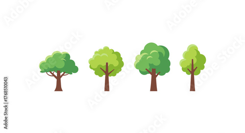 Stylized forest trees in a row against a white background showcasing various foliage shapes and