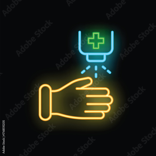 Neon icon of a hand being disinfected with hydroalcoholic gel from an automatic dispenser