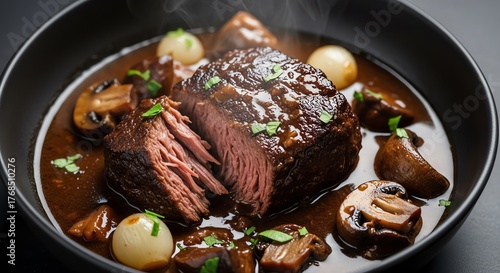 Tender braised beef short ribs in rich dark sauce with pearl onions and mushrooms