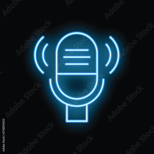 Blue neon microphone icon glowing in the dark, representing podcast, voice recording or audio message concept